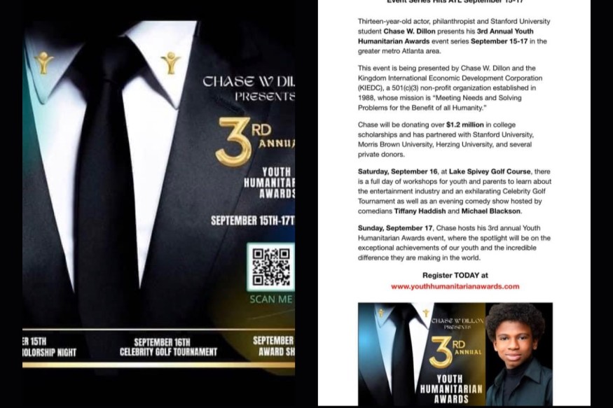 CHASE W DILLON YOUTH HUMANITARIAN AWARDS WEEKEND PRESS RELEASE by TIA CULVER PR